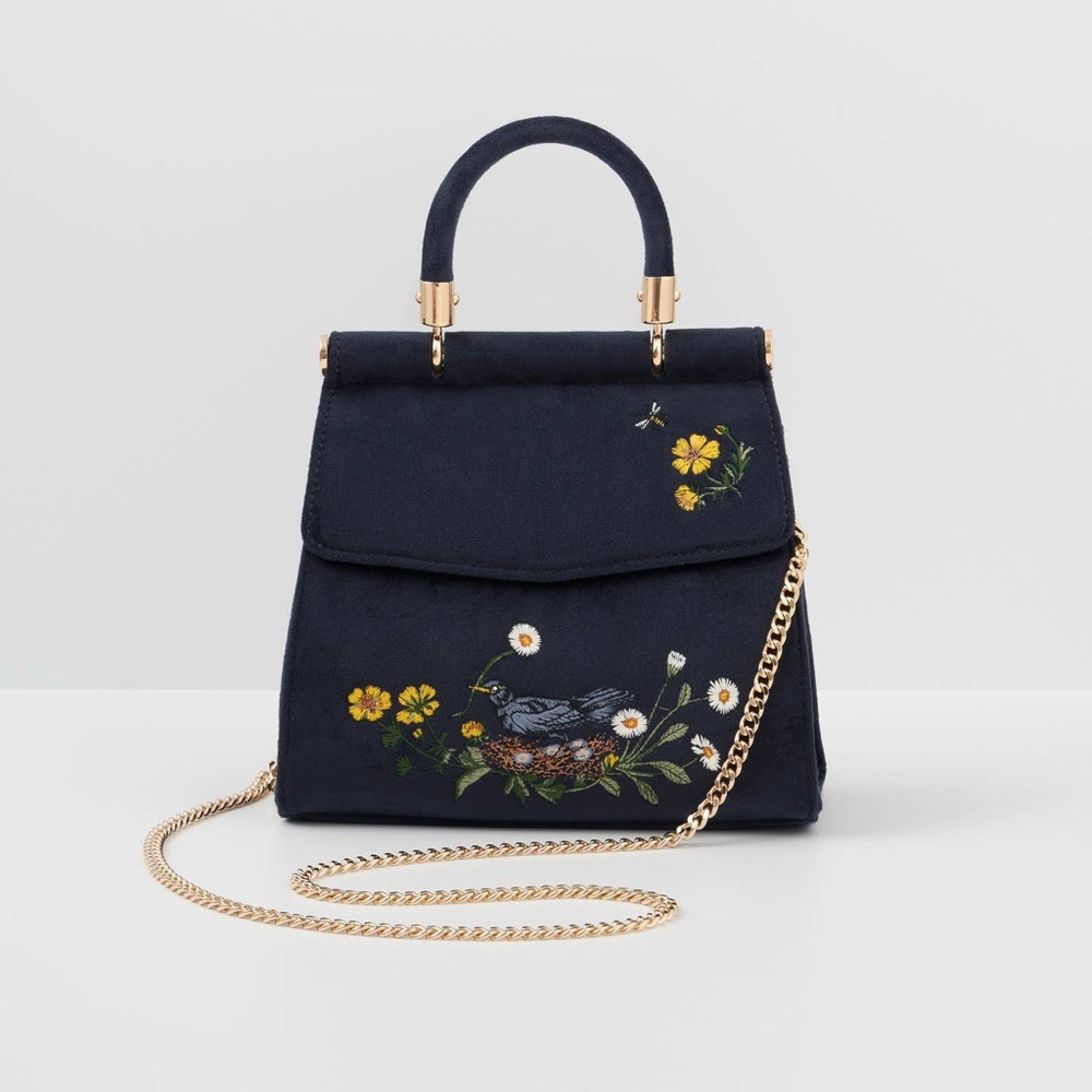 Fable England Top Handle Blue Velvet Embroidered Blackbird Bag NWT Gold Chain
